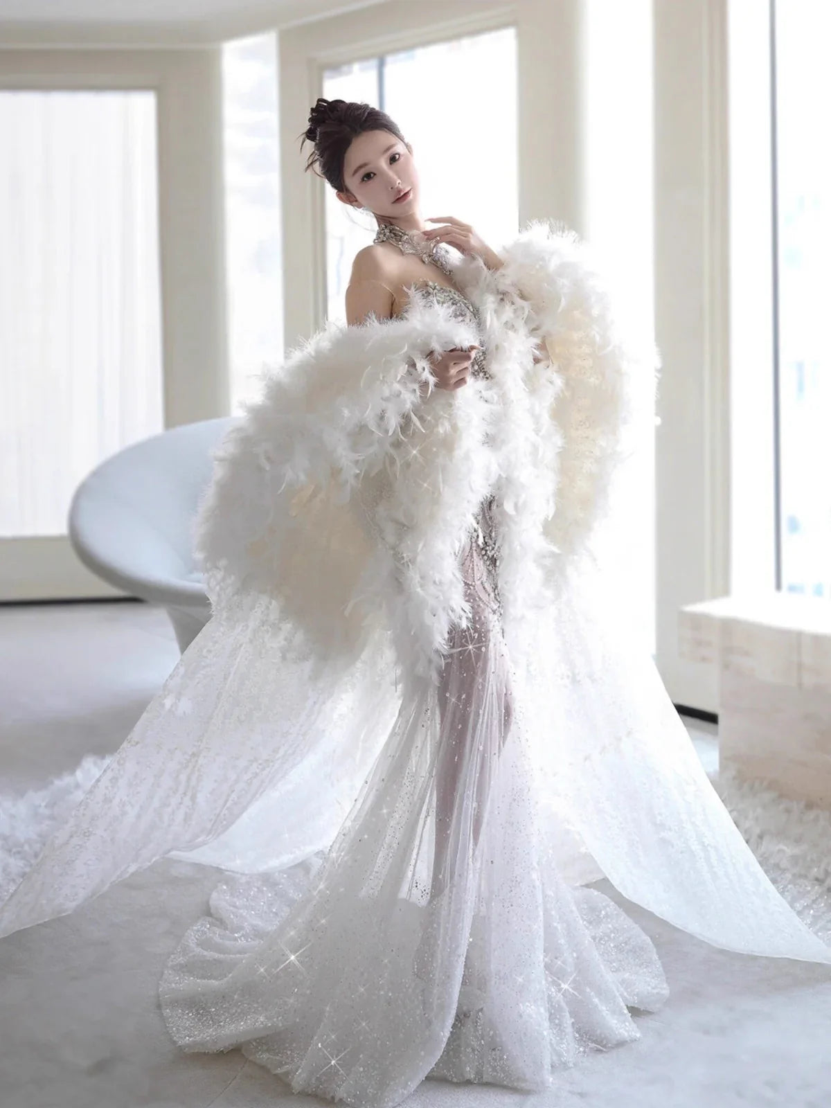 Elegant Silver-White Mermaid Sweetheart Neckline Pearl-Beaded Tulle Train Prom & Evening Dress - View 8 | FashionDia