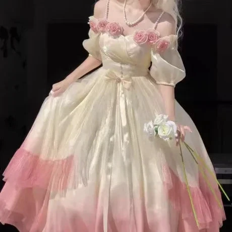 Roses Flowers Masquerade Prom Dress Champagne Pink Gradient Floral Wedding Dress Vintage Princess Dress with Pearls (ZD13630)