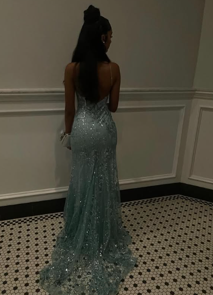 Charming Spaghetti Straps Tulle Lace Mermiad Prom Dress Blue V-Neck Prom Evening Gown - View 6 | FashionDia