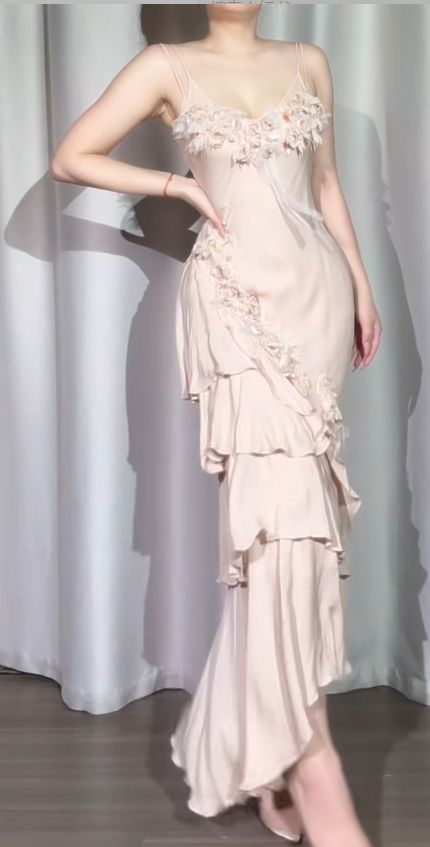 Glamorous Spaghetti Straps Light Pink Satin Appliques Layered Mermaid Prom & Evening Dress - FashionDia