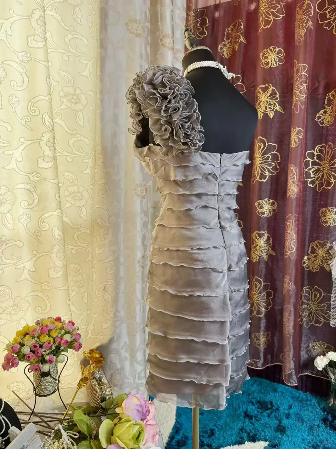 Vintage One-Shoulder Gray Chiffon Sheath Cocktail Dress Formal Graduation Homecoming Dress - View 9 | FashionDia