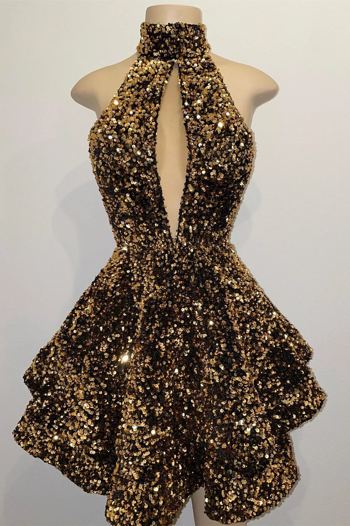 Gold Sequin Halter Keyhole A-Line Short Homecoming Dress - FashionDia
