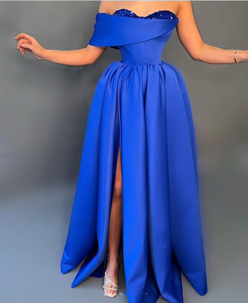 Simple Off The Shoulder Satin Sequins Slit Party Prom Dress,Blue A Line Evening Dress