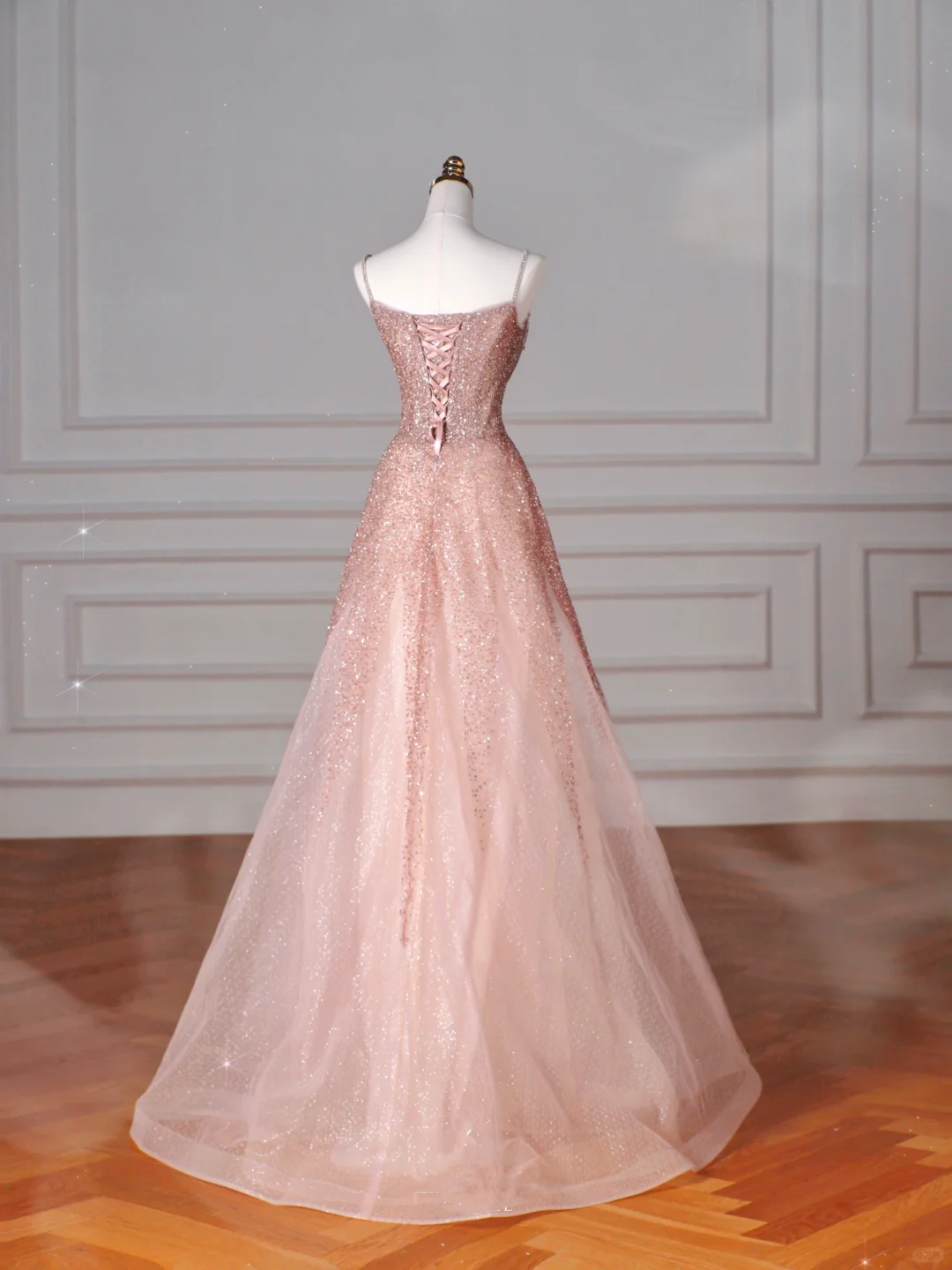 Glitter Pink Tulle Sequins Beaded Prom Dress Spaghetti Straps A Line Evening Dress Y8619 - View 4 | VelvetHem