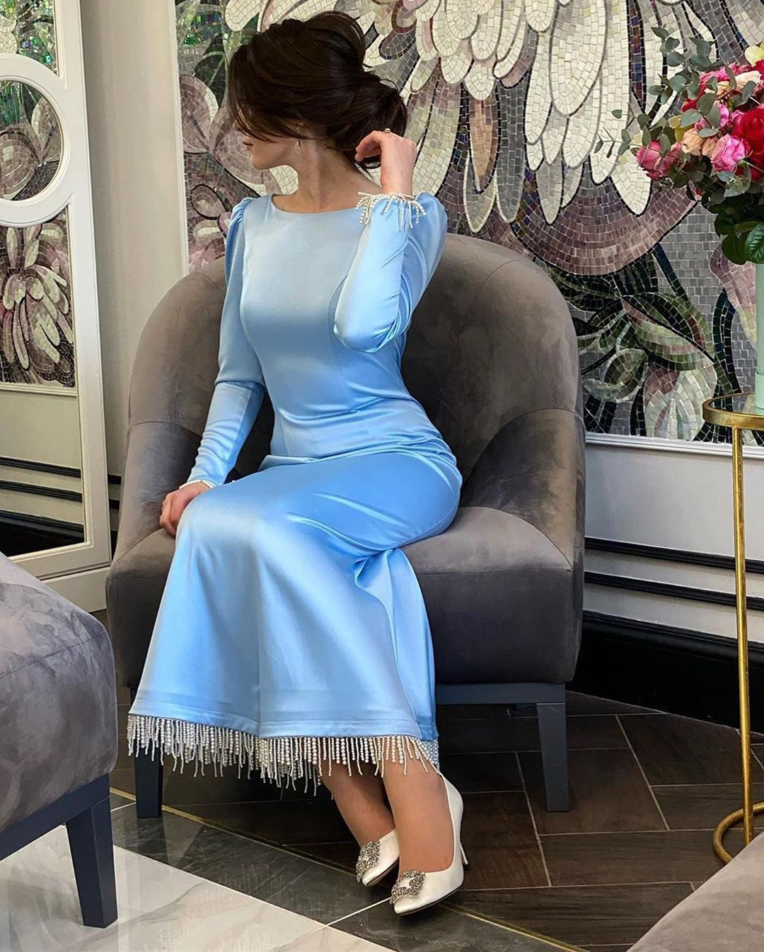 High Quality Mermaid Evening Dresses Long Sleeves Satin Beadings - FashionDia