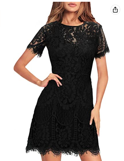 Women's Elegant Round Neck V-Back Wedding Guest Floral Lace Cocktail Party A-Line Dress Black Party Dress - FashionDia