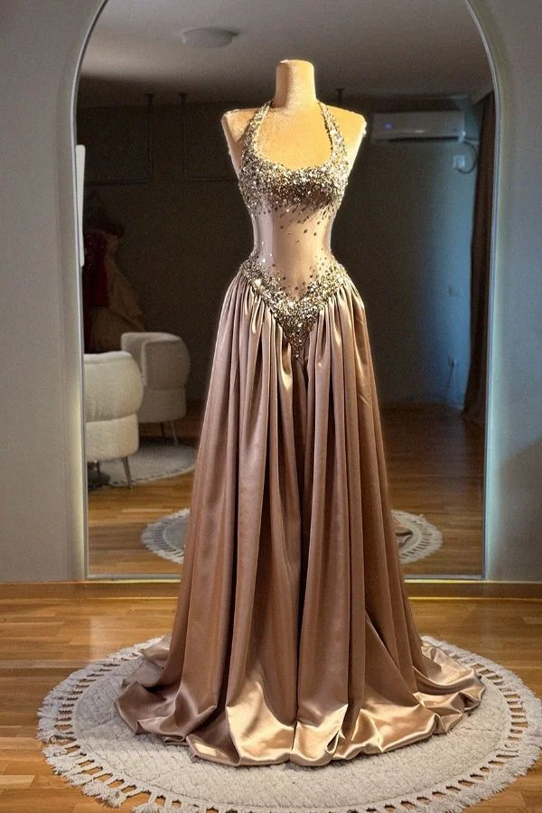 Gorgeous Halter Satin Beaded Long Evening Dress Birthday Party Dress - FashionDia