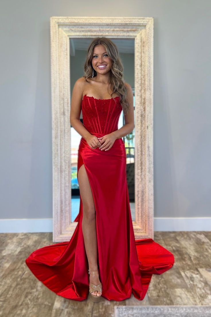Elegant Strapless Fuchsia Lace Satin Mermaid Party Dress Slit Prom Dress - View 2 | FashionDia