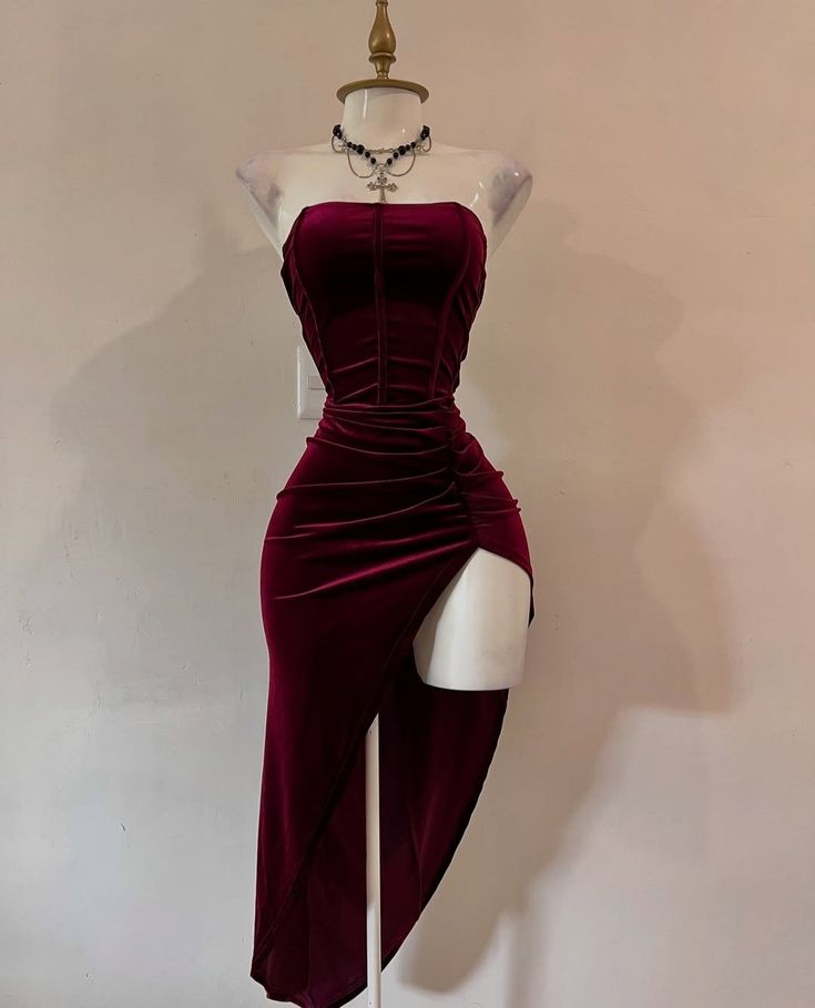 Sexy Strapless Slit Party Dress Burgundy Birthday Dress