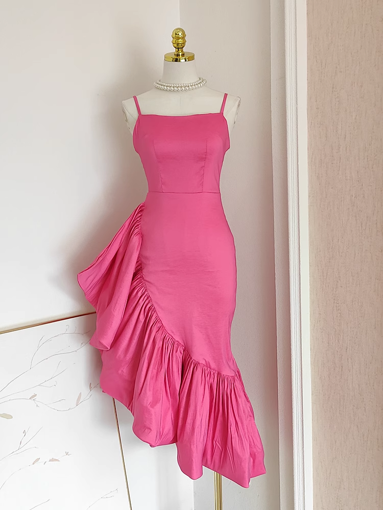 Sexy Sheath Spaghetti Straps Hot Pink Satin Dinner Party Dresses Birthday Outfits