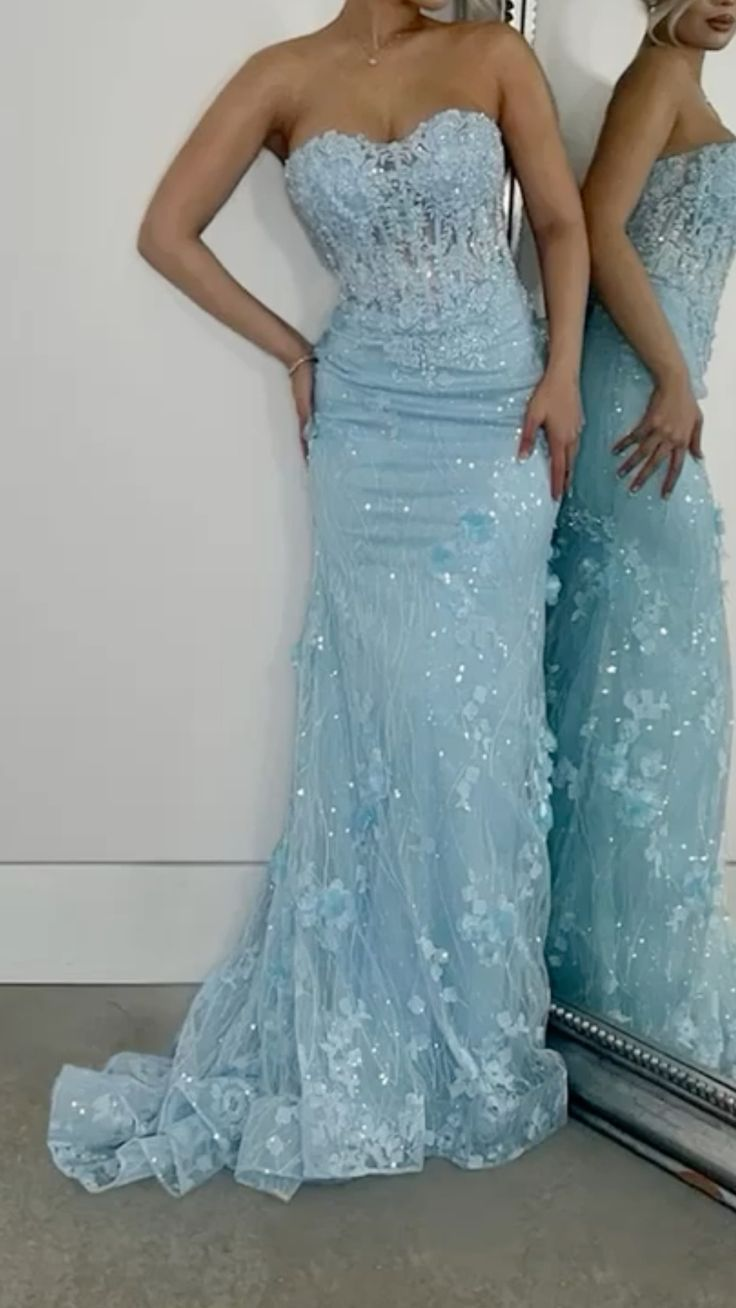 Charming Blue Strapless Appliques Mermaid Party Evening Dress