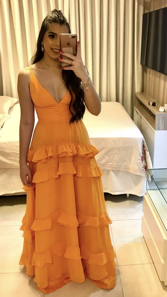 Elegant A-line Orange V Neck Long Prom Dress