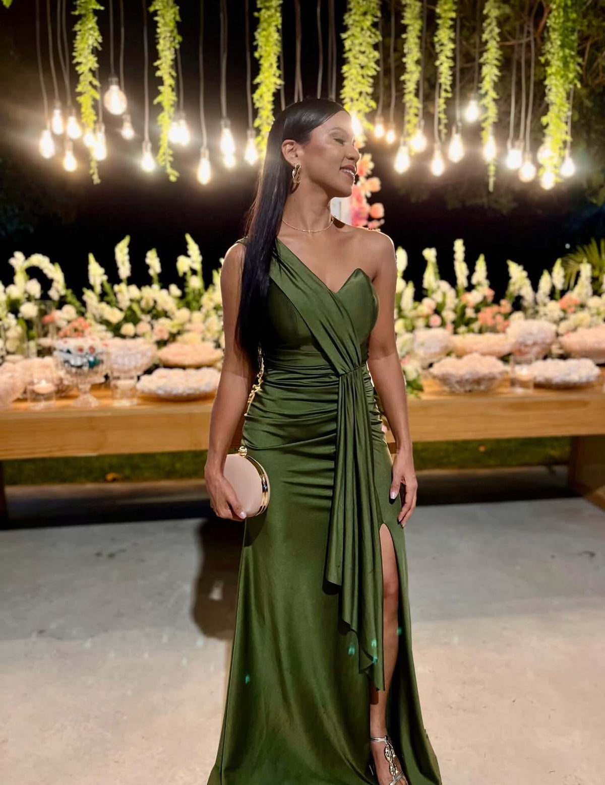 One-Shoulder Green Satin Long Prom Dress Formal Wedding Guest Dress