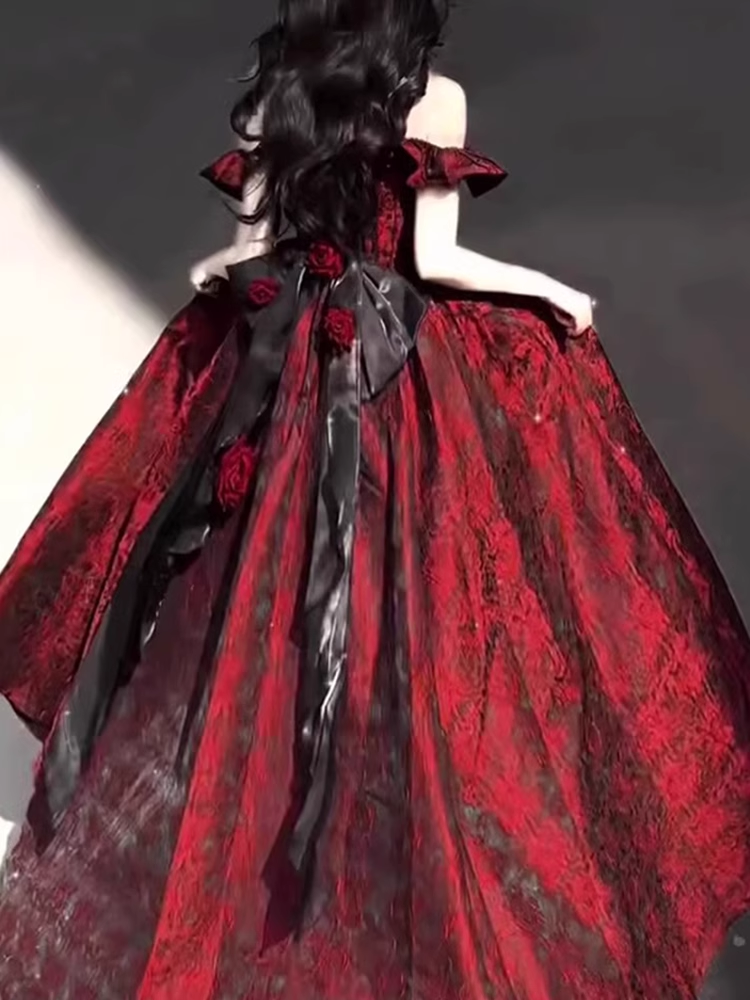 Vintage Ball Gown Straps Long Burgundy Ruffles Lace Prom Dresses Birthday Outfits - View 3 | FashionDia