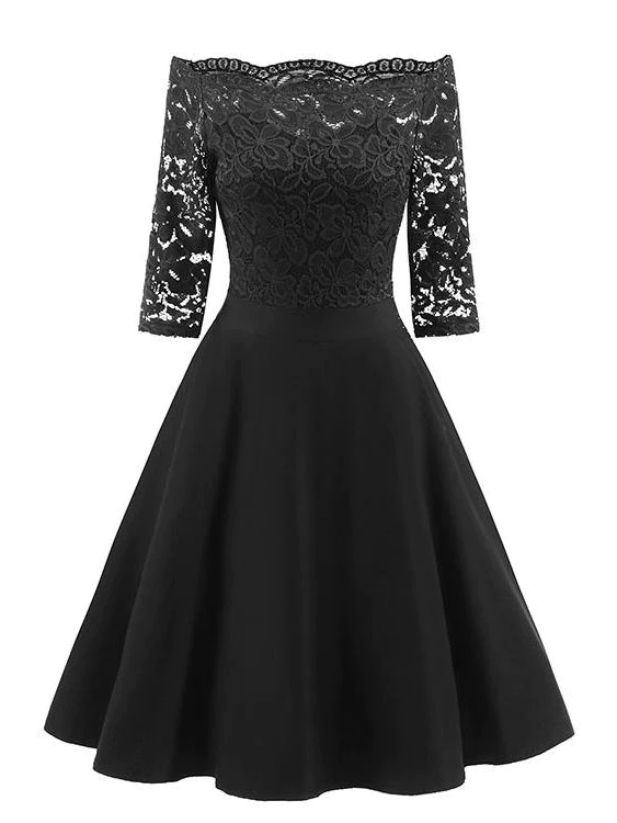 Vintage Short Black Bridesmaid Dresses One Shoulder Lace Party Dress with Sleeves