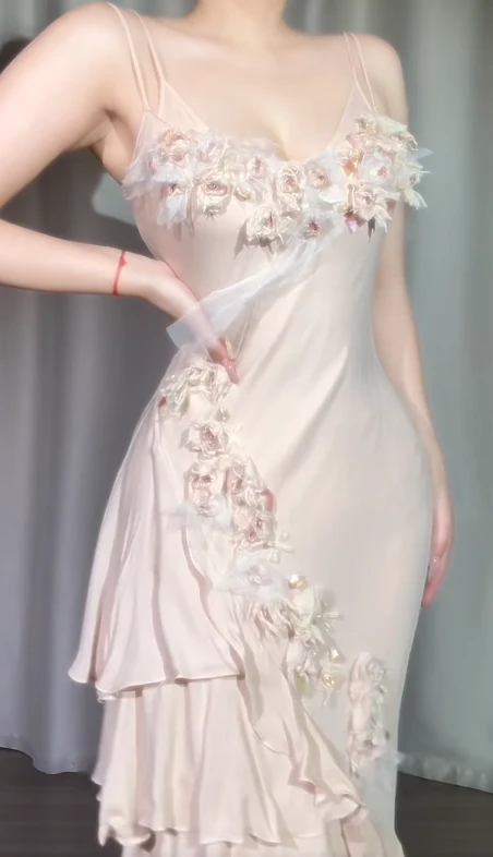 Glamorous Spaghetti Straps Light Pink Satin Appliques Layered Mermaid Prom & Evening Dress - View 2 | FashionDia