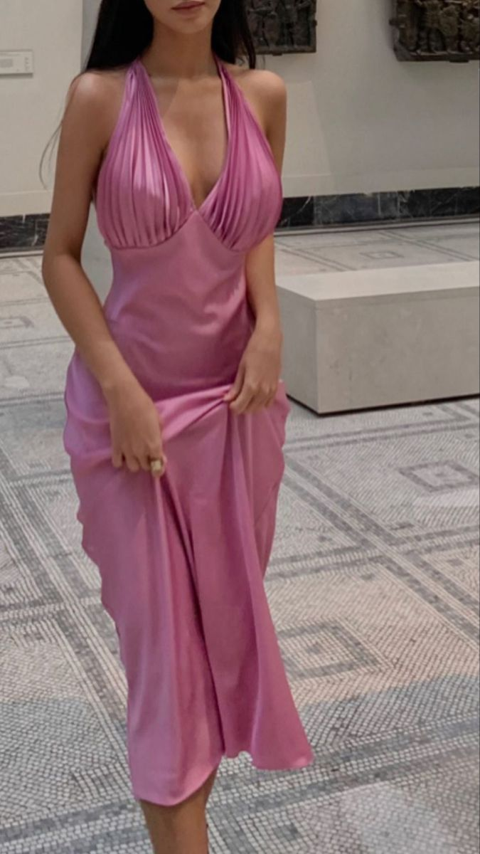 Sexy Pink V-Neck Pleated Halter Party Dress Backless Prom Evening Gown - FashionDia