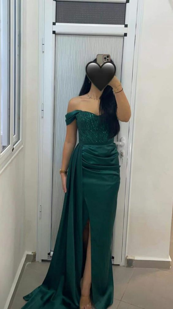 Dark Green Satin Off-the-Shoulder Mermaid Side Slit Long Evening Prom Dresses - FashionDia