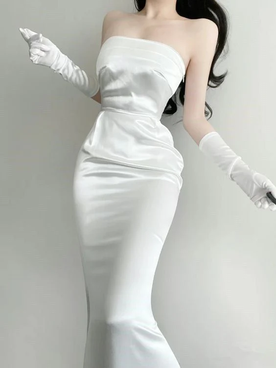 Elegant White Satin Strapless Mermaid Evening Dress Long Party Dress With Gloves - FashionDia