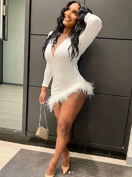 Solid Plunge Fluffy Irregular Party Dress White Dresses Sexy White Homecoming Dress (ZD12553)