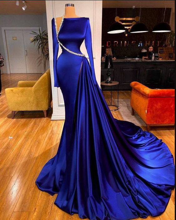 Elegantes modest evening dresses long sleeve royal blue beaded luxury elegant formal party dresses women evening dress