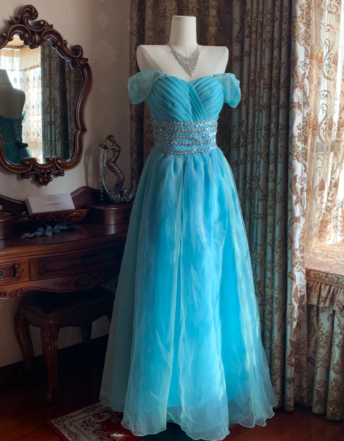 Cute Off The Shoulder Blue Tulle Beaded A Line Princess Party Dress Long Evening Gown