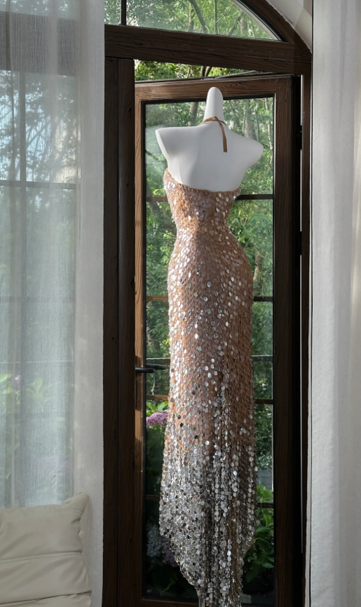 Gorgeous Halter Champagne Sequin Slit Mermaid Party Dress Long Evening Gown