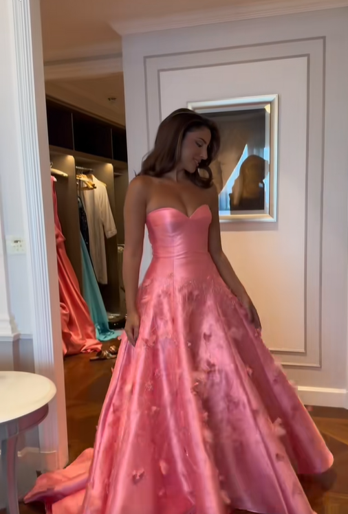 Gorgeous Pink Sweetheart Neck Satin Sequin Appliques Long Prom Dress Birthday Party Dress