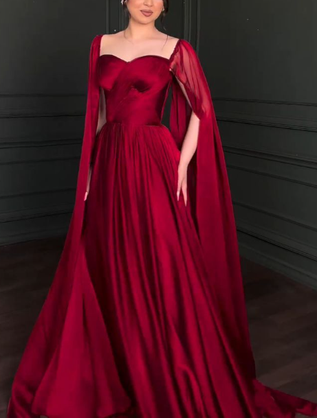 Sexy Burgundy Satin Chiffon Evening Dress A Line Long Party Prom Dress