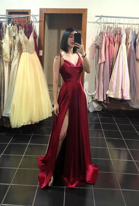 Sexy Burgundy Satin Spaghetti Straps Sleeveless Side Slit A-Line Long Prom Dress