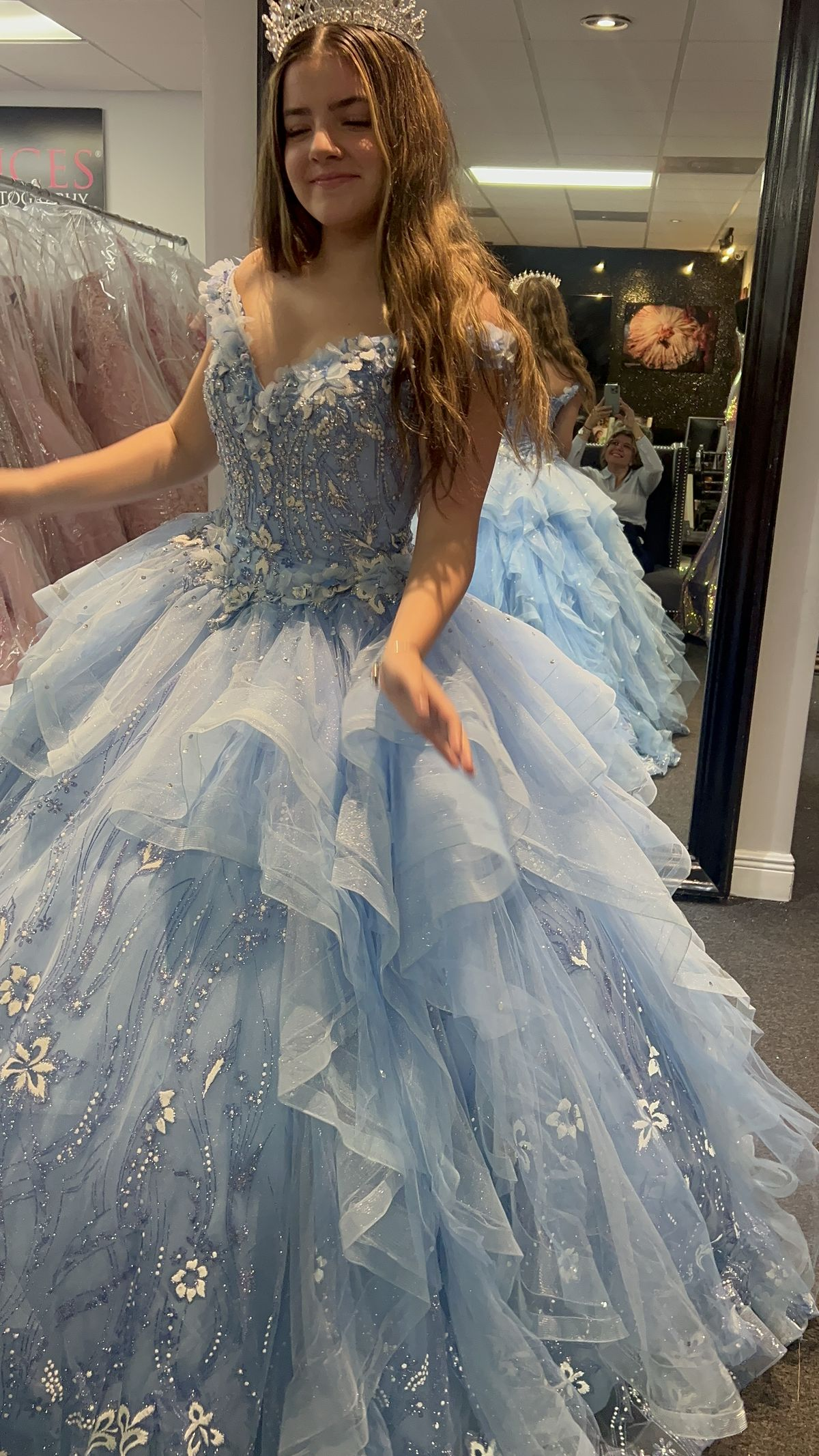 Pretty Blue V Neck Off The Shoulder Tulle Sequin Beaded Ball Gown Formal Quinceanera Dress With Appliques