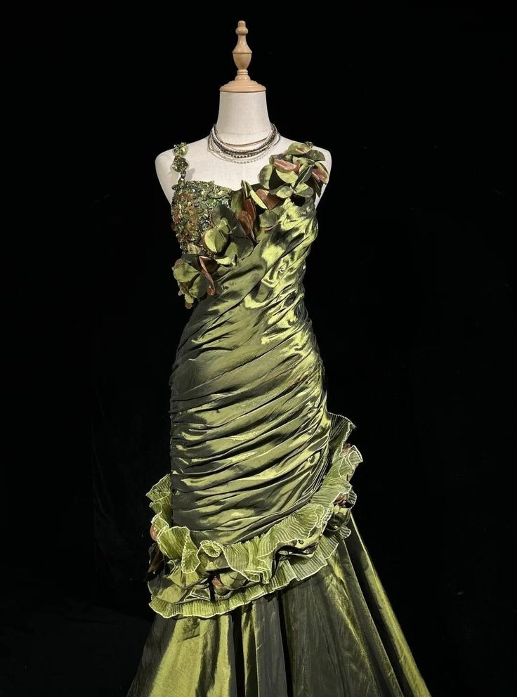 Vintage Green Satin Pleated Beaded Prom Party Dress,Long Mermaid Evening Dress - View 2 | FashionDia