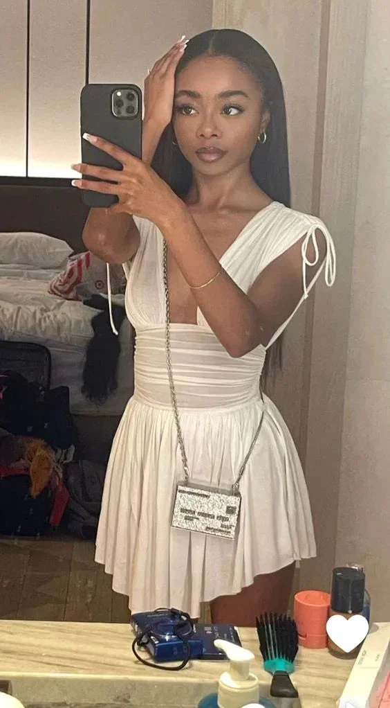 V-Neck Pleated Chiffon Mini Homecoming Dress Sleeveless Wrap Slim High Waist Party Dress (ZD11343)