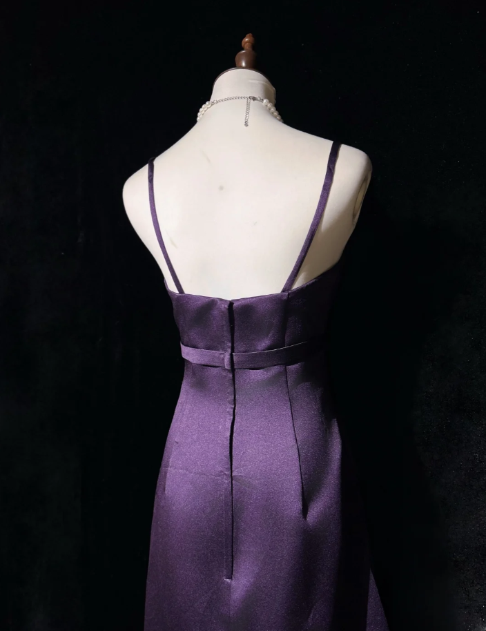 Fashion Spaghetti Straps Purple Satin Beaded A-Line Short Birthday Outfits Homecoming Dress - View 5 | FashionDia