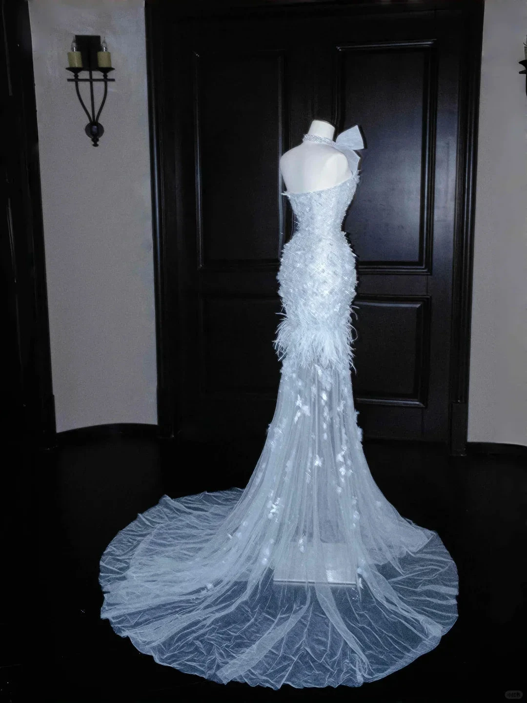 Dream Blue Tulle Beaded Appliques Long Prom Dress,Slit Mermaid Evening Dress Wedding Dress (ZD13766)