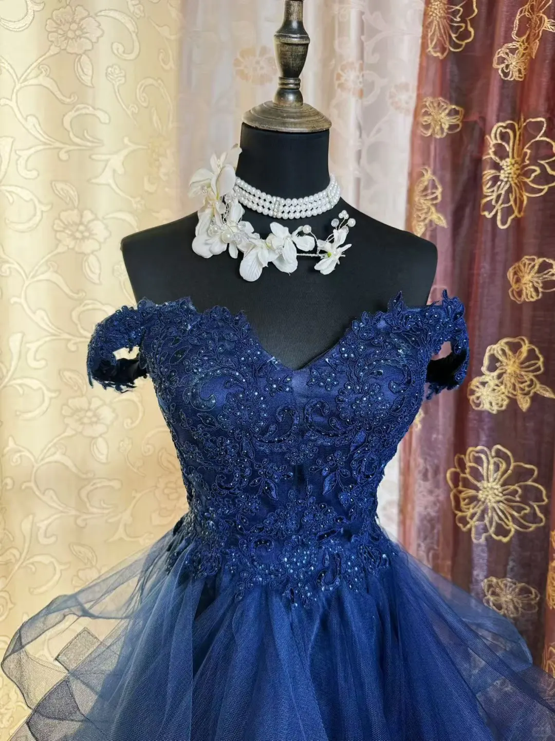 Vintage Navy Blue Tulle Appliques A-Line Short Homecoming Dress Off-the-Shoulder 19th Birthday Outfits - View 7 | FashionDia