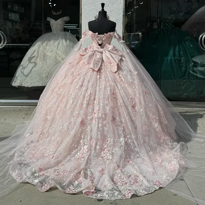 Pretty Pink Off-the-Shoulder Tulle Lace Appliques Quinceanera Dress Sweet 16 Dress With Bow - View 7 | FashionDia