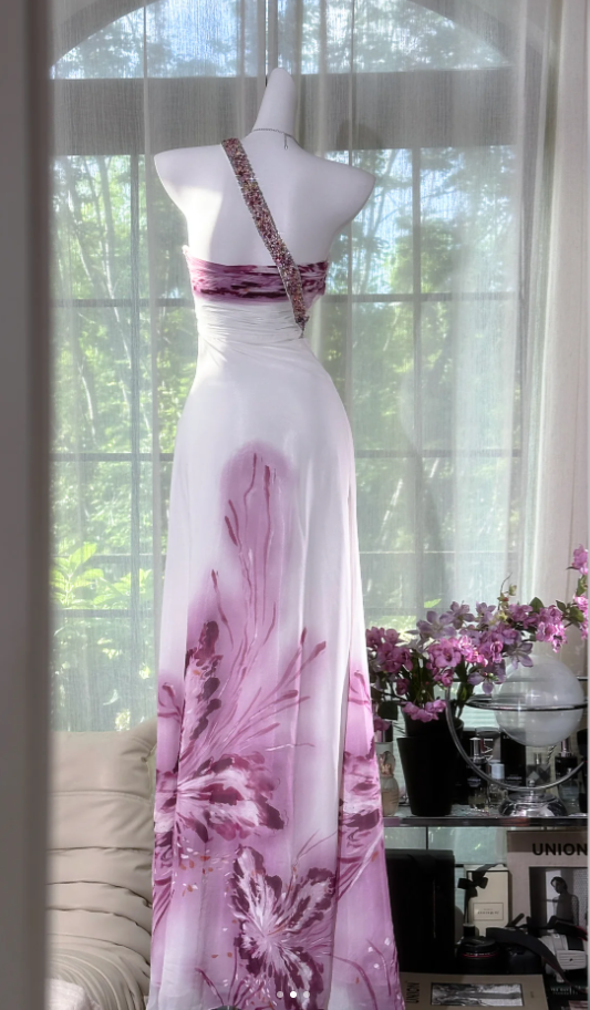 Pretty One-Shoulder Beaded White Chiffon Lilac Floral Mermaid Evening Dress Long Party Gowns - View 2 | FashionDia