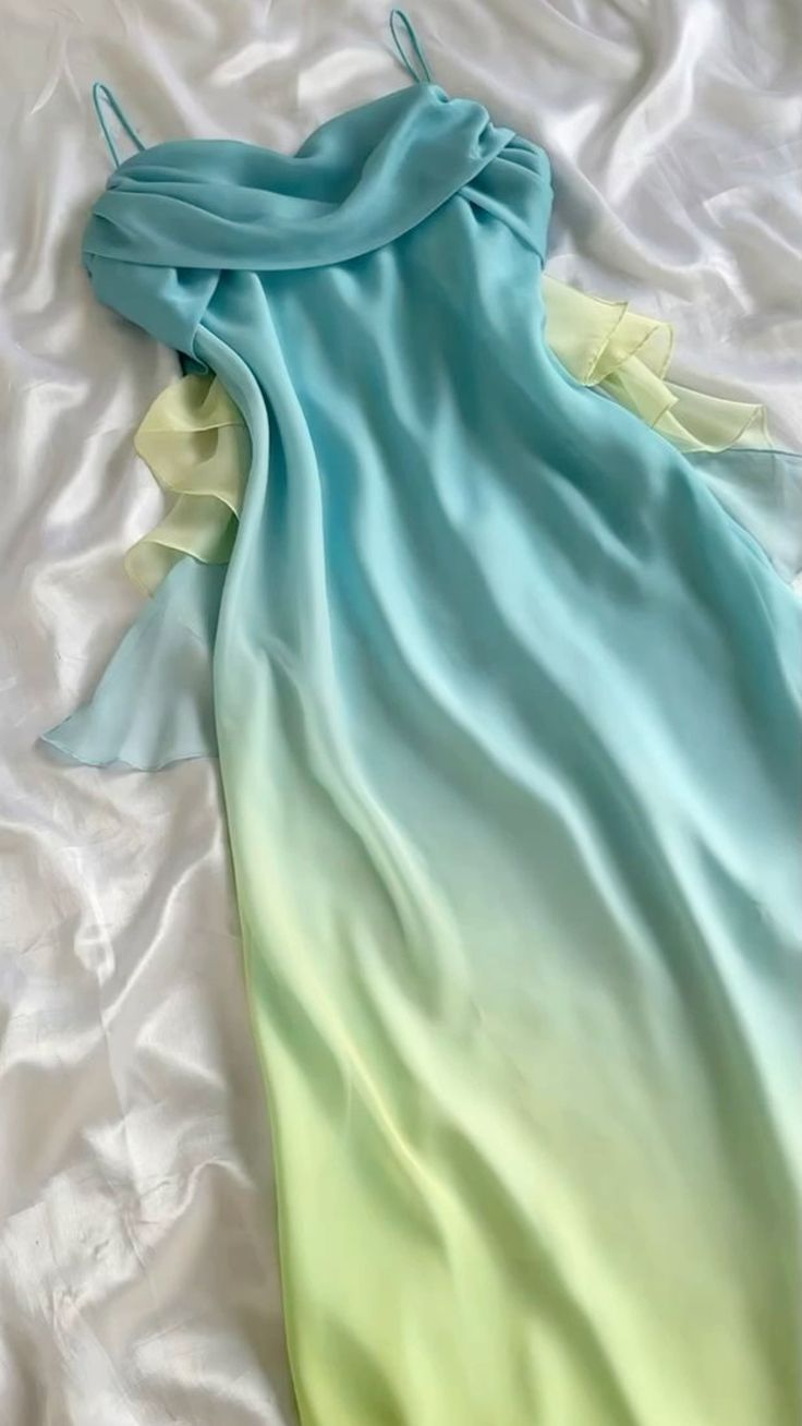 Classy Sheath Ombre Blue Long Chiffon Prom Dress Spaghetti Straps Evening Dress