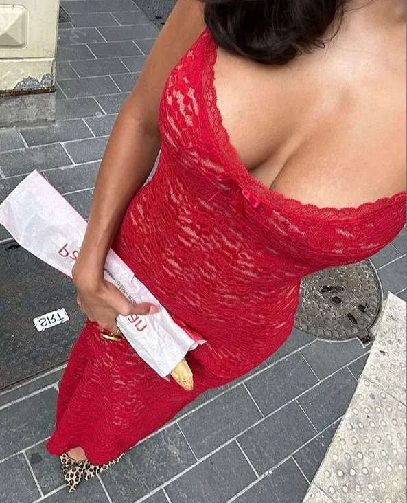 Sexy Red Lace Sheath Prom Dress Spaghetti Straps Party Evening Dress