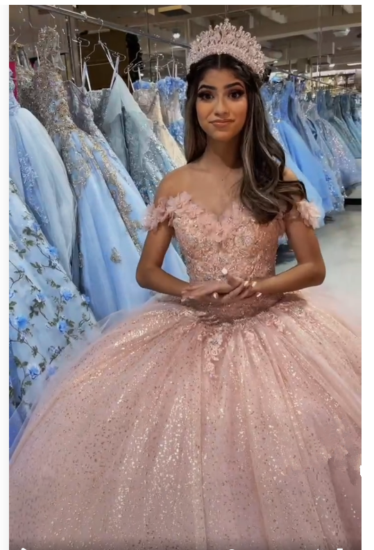 Beautiful Off The Shoulder Blush Pink Quinceanera Dress Glitter Blush Pink Ball Gown Y391 - View 2 | VelvetHem