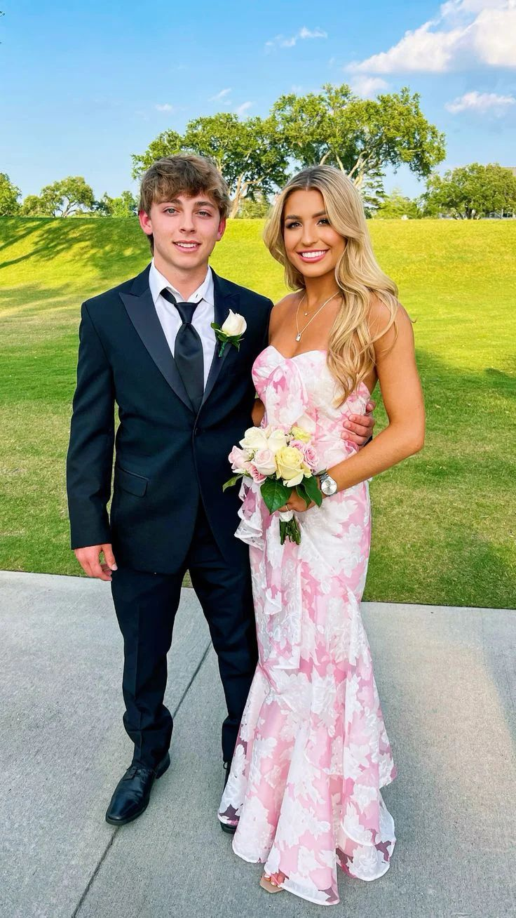 Classy Pink Mermaid Print Floral Evening & Prom Dress - FashionDia