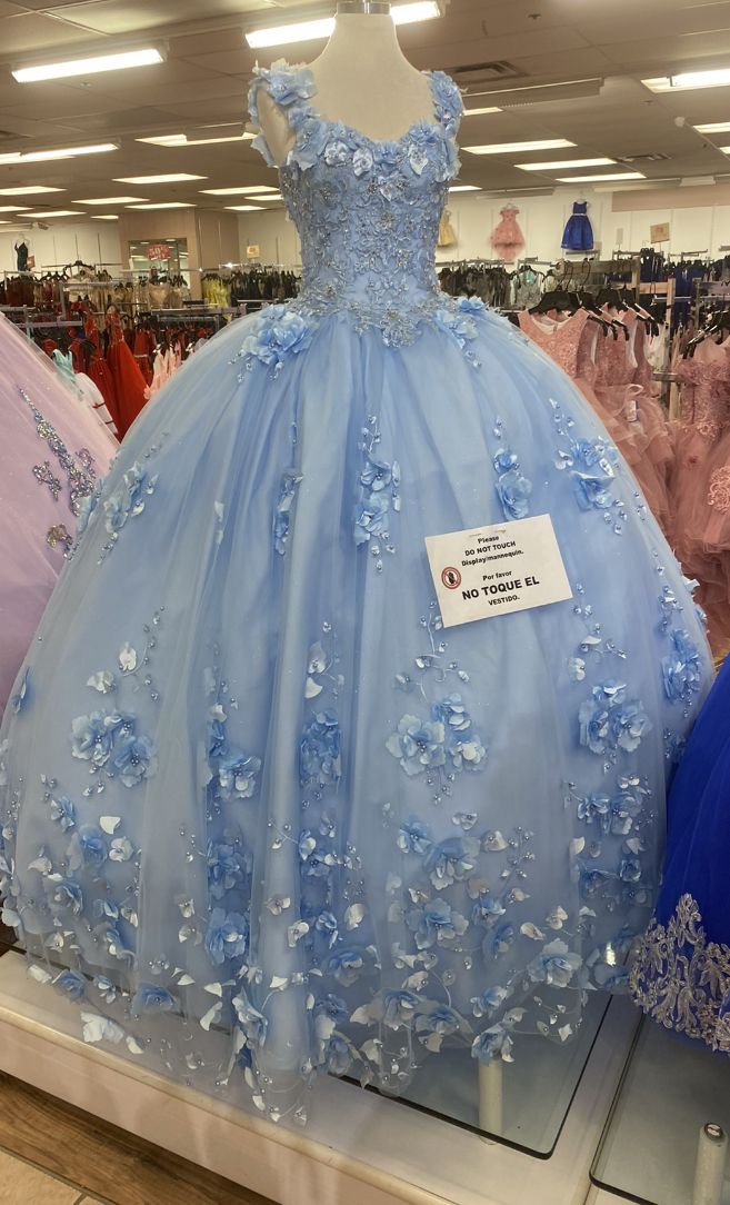 Blue Tulle Ball Gown With 3D Flowers,Blue Sweet 16 Dress,Blue Princess Dress Y2340 - VelvetHem