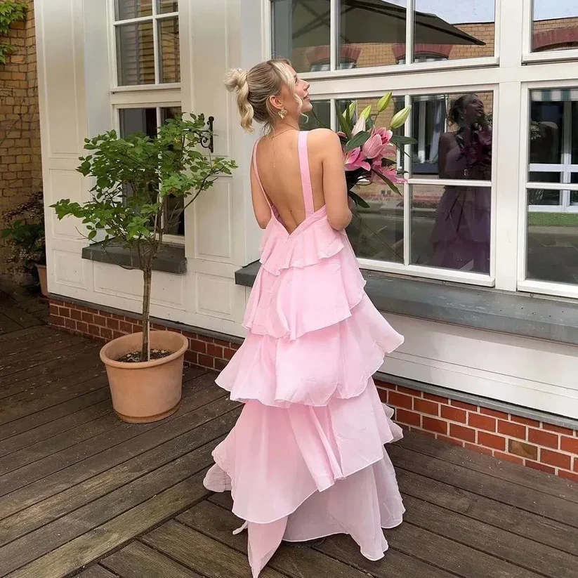 Women's Pink A-Line Tiered Prom Dress,Pink Backless Evening Dress - View 7 | FashionDia