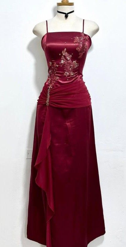 Burgundy Satin Beaded Chiffon Evening Dress Long Party Prom Dress