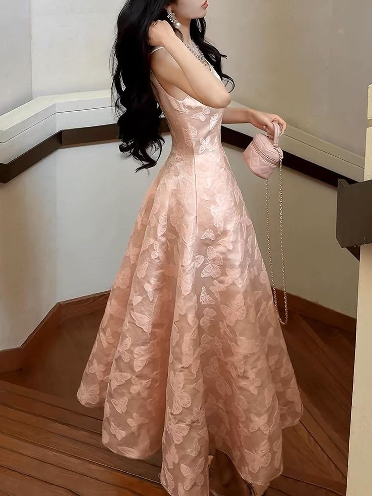 Chic Spaghetti Straps Pink Satin Print Prom Dress Evening Party Dress - View 2 | FashionDia