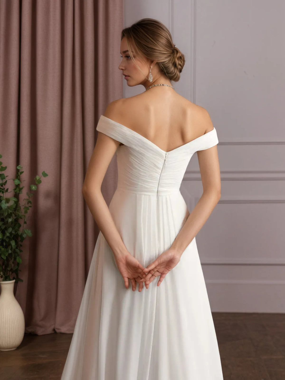 White A-Line Off-the-Shoulder Sequins Chiffon Wedding Dress - View 7 | FashionDia