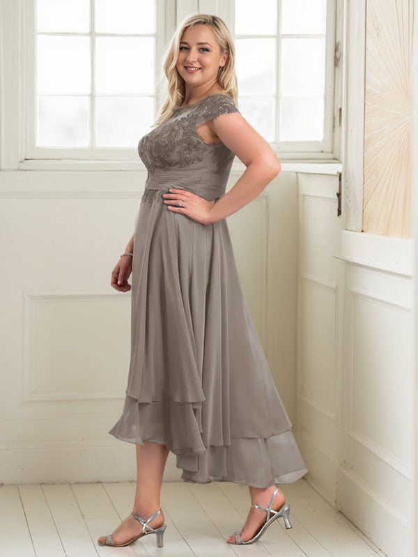 A-line Boat Neck Illusion Asymmetrical Chiffon Lace Mother of the Bride Dress With Applique Pleats - View 7 | FashionDia