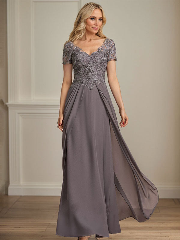 A-line V-Neck Floor-Length Chiffon Lace Mother of the Bride Dress - View 7 | FashionDia