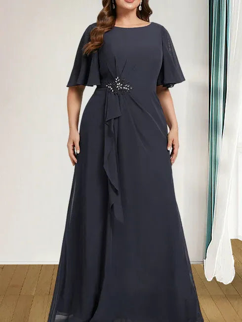 A-line Scoop Floor-Length Chiffon Mother of the Bride Dress With Cascading Ruffles Beading Sequins - View 7 | FashionDia